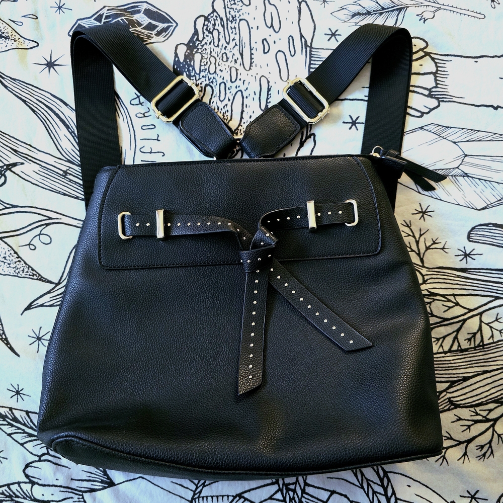 Black Faux Leather Backpack with Bow Accent